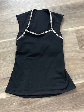 Lululemon Black Sleeveless Halter Tank Top with camouflage lining built in bra